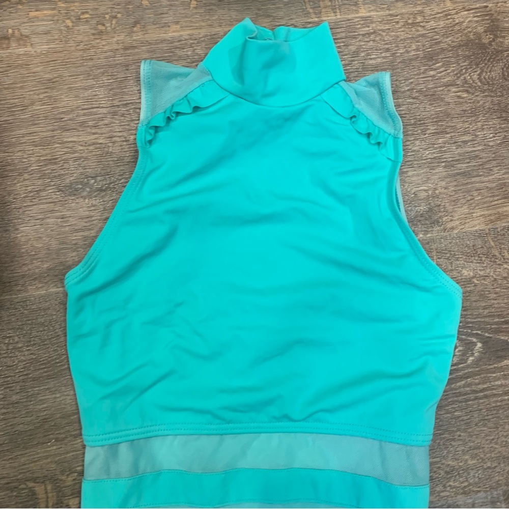 🩰 Balera Mock Neck Ruffle Detail Mesh Insert Leotard For Dance X Small Aqua 🩰 - Picture 4 of 11